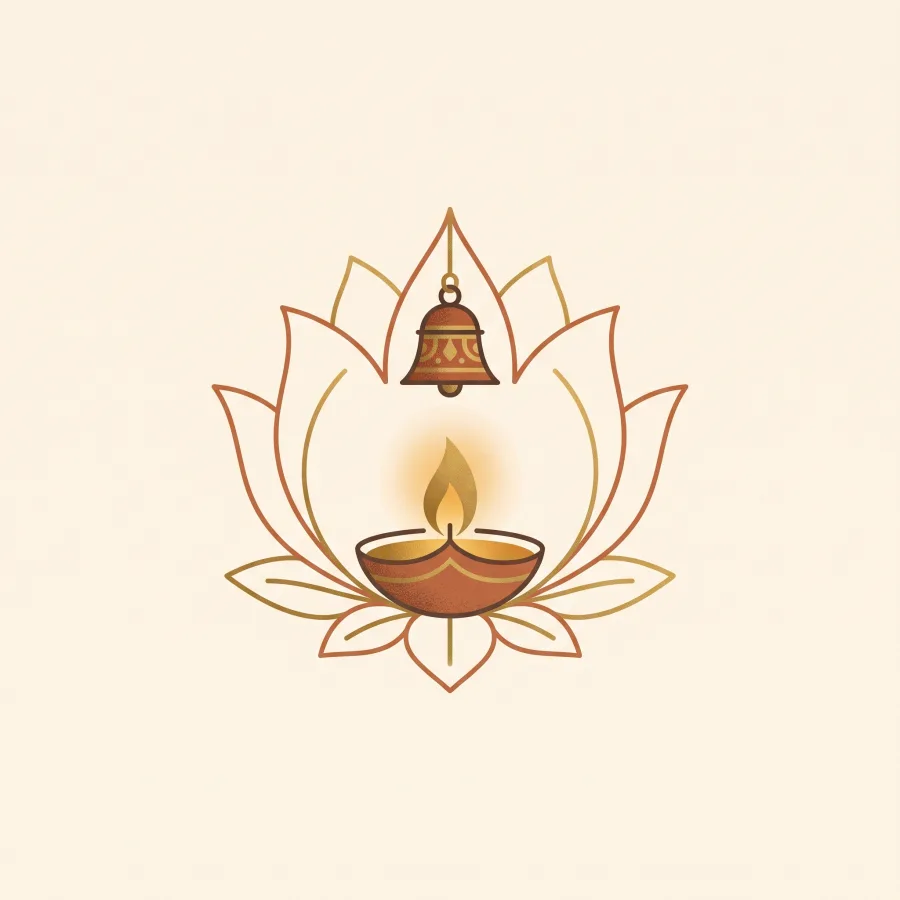 A lit diya and temple bell framed by a lotus