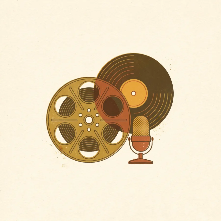 A film reel, vinyl record and retro microphone