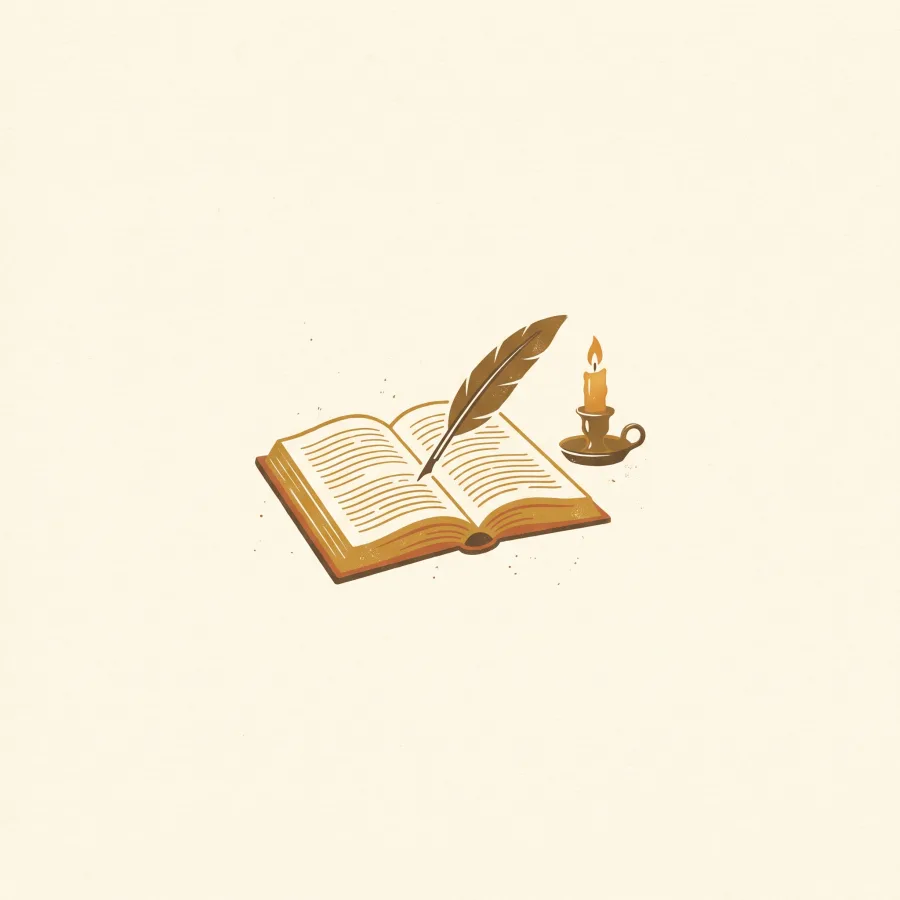 An open book of poetry with a quill and candle