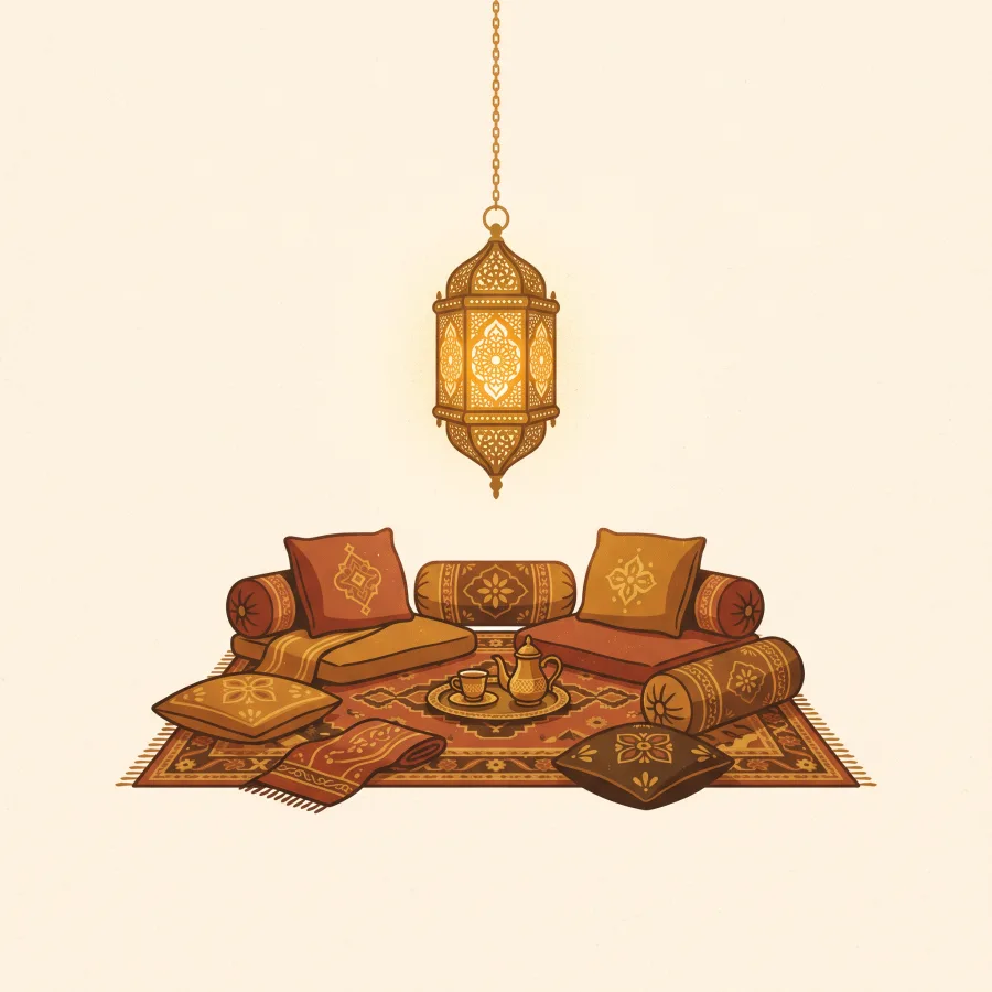 Floor cushions on a rug beneath a hanging lantern