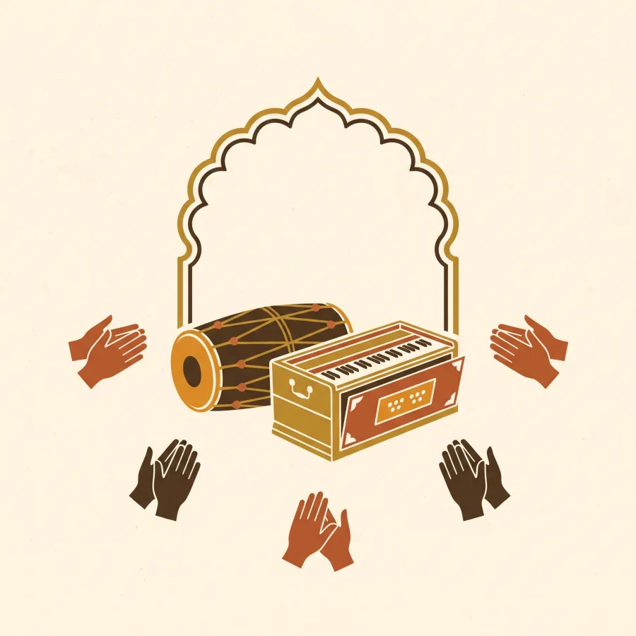 A dholak and harmonium beneath a Mughal arch