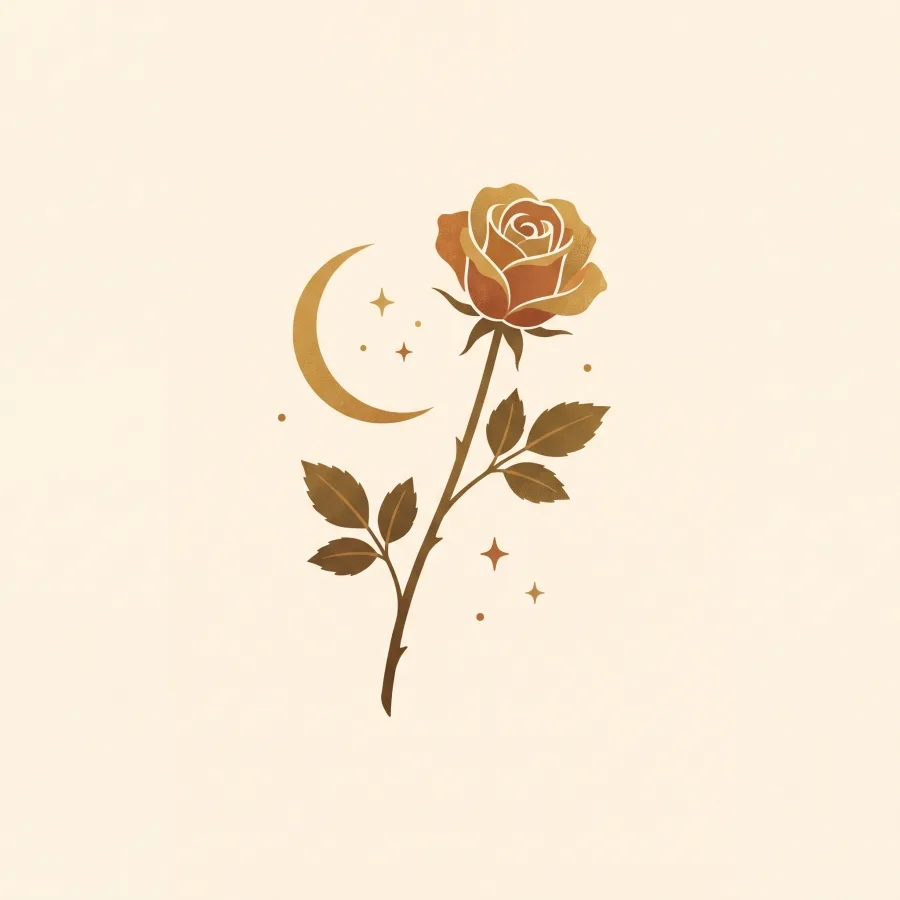 A single rose beside a crescent moon and stars
