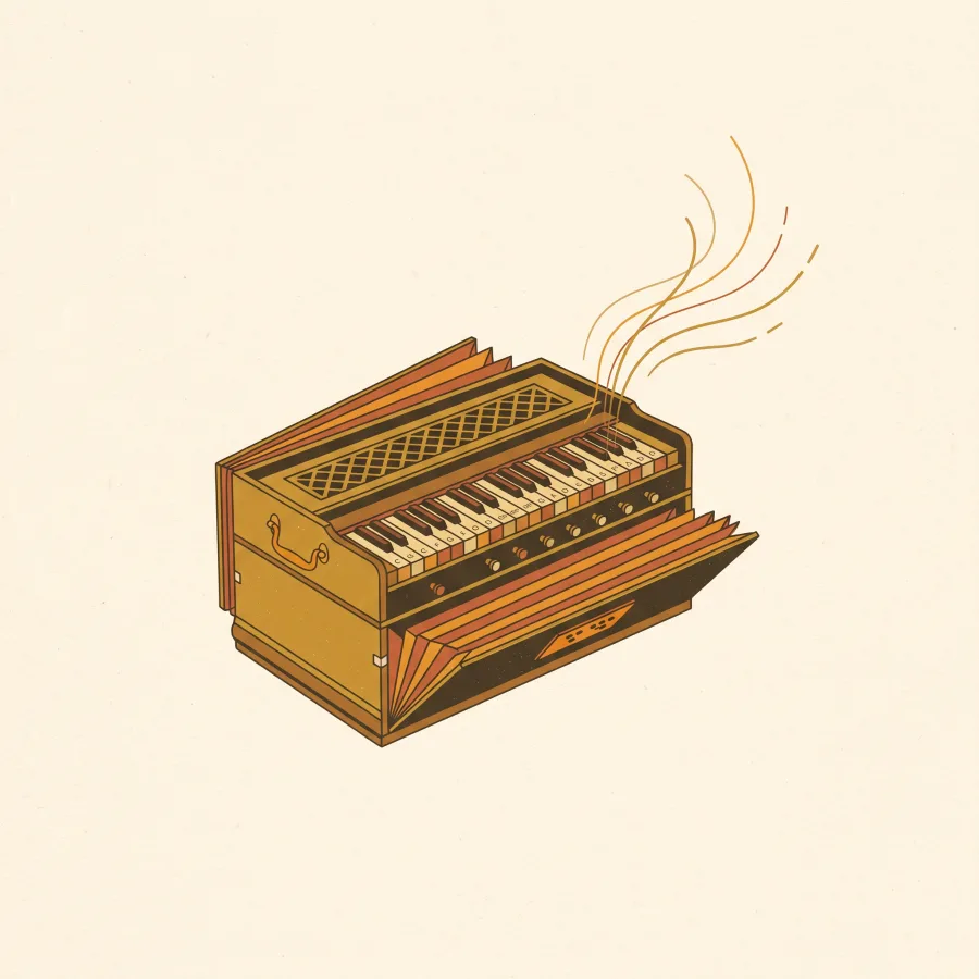 An Indian harmonium with melodic lines rising
