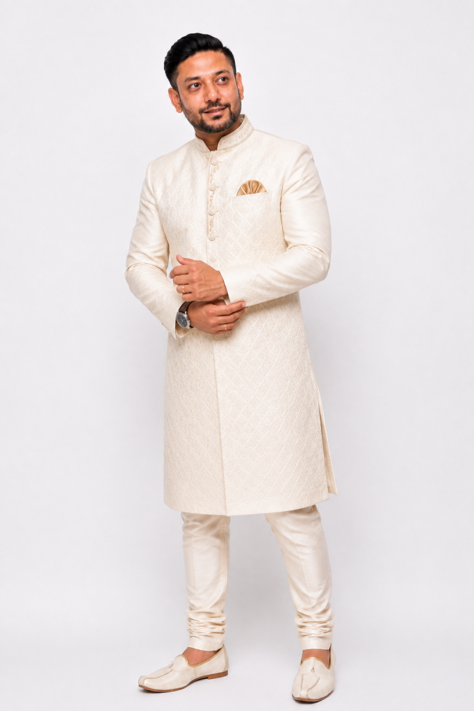 Vipul Nagnesia in a cream embroidered sherwani